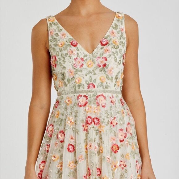 Mac Duggal 5527 Cream V-Neck Sleeveless Midi Floral Beaded A-line Dress $598 - Picture 5 of 15